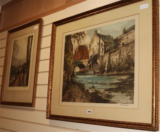 French School, two coloured etchings, watermill and barge horses, indistinctly signed 47 x 57cm and 44 x 32cm